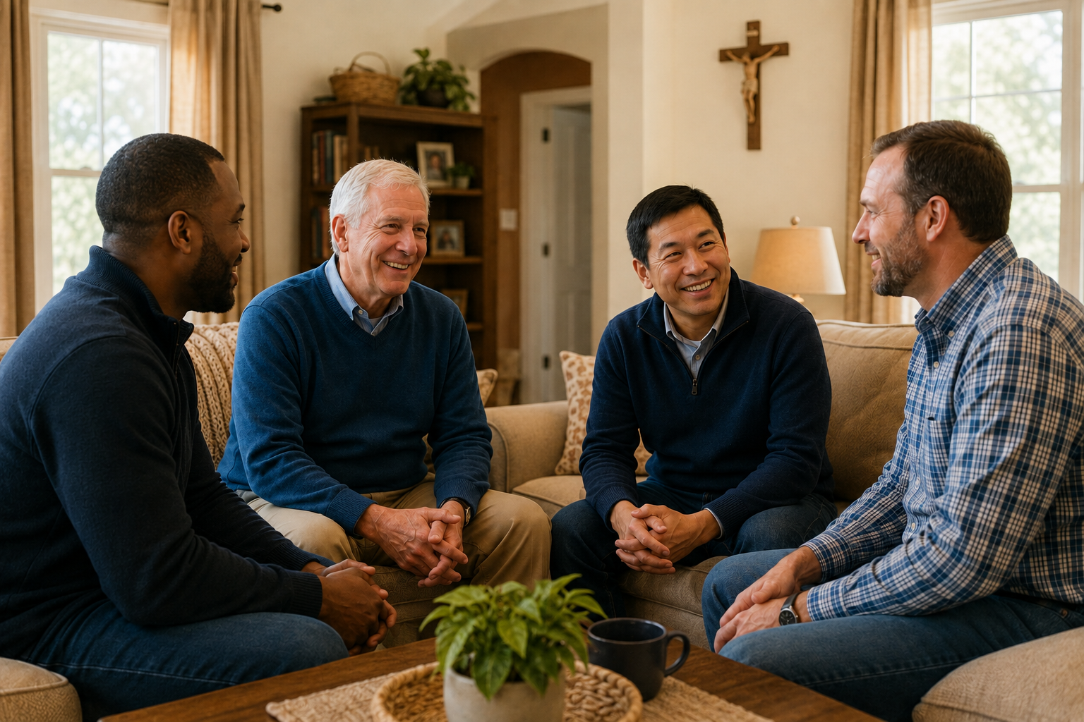 Four men gathered for a Cursillo friendship-group conversation